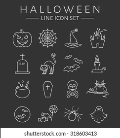Set of halloween line icons. Collection of white outline symbols isolated on clear background. Vector illustration.