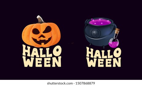 Set Halloween logo with pumpkin and witches cauldron