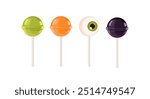 Set of Halloween lollipops on stick isolated on white background. Candy caramel eye and round hard candies black, Green and orange colors. Vector cartoon illustration of holiday scary treats.