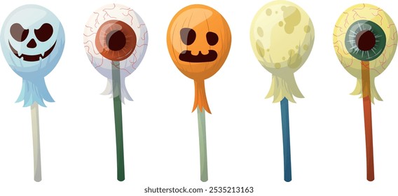 Set von Halloween-Lollis auf Stick einzeln auf weißem Hintergrund. Candy Karamelll Auge und runde harte Bonbons schwarz, grün und orange Farben. Cartoon-Illustration von unheimlichen Leckerbissen im Urlaub.