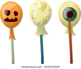 Set von Halloween-Lollis auf Stick einzeln auf weißem Hintergrund. Candy Karamelll Auge und runde harte Bonbons schwarz, grün und orange Farben. Cartoon-Illustration von unheimlichen Leckerbissen im Urlaub.