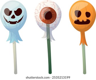 Conjunto de pirulitos de Halloween em pau isolado no fundo branco. Candy caramelo olho e redondo doces duros cores preto, verde e laranja. ilustração de desenhos animados de férias iguarias assustadoras.