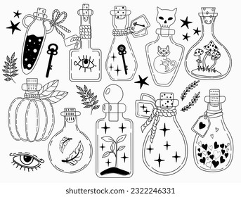 Set of Halloween magic bottles, magic, mystery, vector