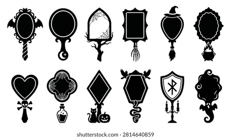 Set of halloween magic mirrors, gothic hand mirrors with mystical symbols, witchy accessories, spooky frames with bats, skulls, spiderwebs, cats, and pumpkins, vector illustration