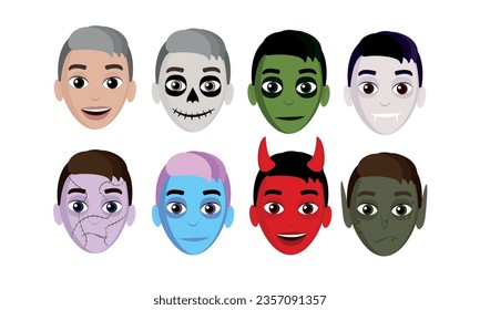 Un conjunto de maquillaje de Halloween en la cara de los chicos. avatar de Halloween. Máscaras. Conjunto de monstruos. Ilustración. Chicos monstruo.