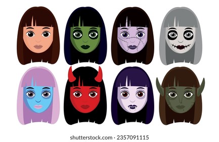 A set of Halloween makeup on the faces of the Girls. Halloween avatar. Masks. Set of monsters. Illustration. Monster girls.