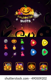 Set of Halloween mobile game. Game elements, buttons and icons.Vector gui.