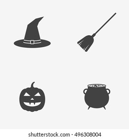 Set of Halloween monochrome icons. Witch hat, broom stick, cauldron and pumpkin. Vector illustration.