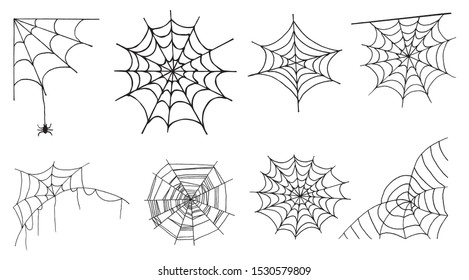 Set of Halloween monochrome spider web on white background. Vector illustration isolated spooky background for october night party. Decorative element for invitations cards, textile, print and design.