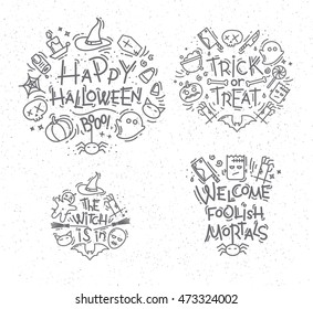 Set of halloween monograms drawing in flat style on white background.