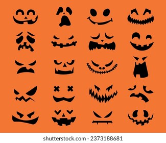 Set of Halloween monster faces on orange background