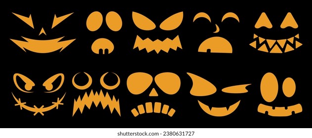 Set of Halloween monster and ghost faces on black background