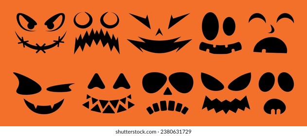 Set of Halloween monster and ghost faces on orange background