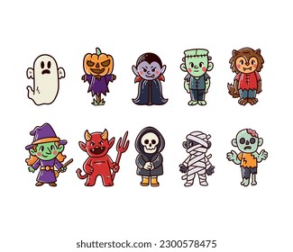 Set of Halloween monster hand-drawn illustration