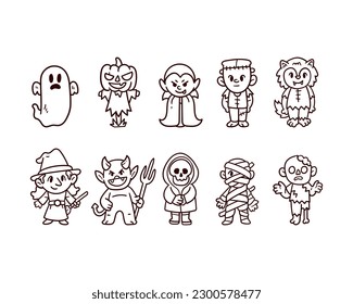 Set of Halloween monster hand-drawn outline sketch illustration