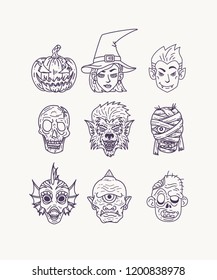 Set of halloween monster lineart