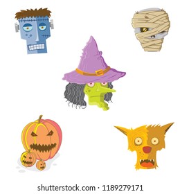 set of Halloween monsters faces