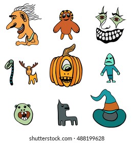 Set of Halloween Monsters and Hats. Vector illustration.