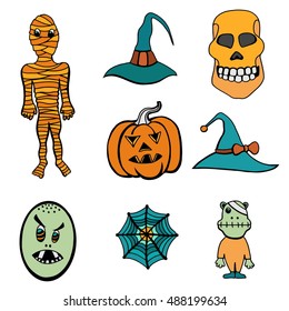 Set of Halloween Monsters and Hats. Vector illustration.