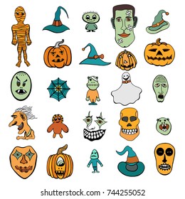 Set of Halloween Monsters and Hats. Vector illustration.