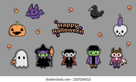 set of Halloween monsters, stickers, Classic monsters, Happy Halloween party, Cute Halloween icons, Halloween elements for kids