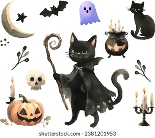 Set of Halloween motifs, black cat wizard watercolor illustration