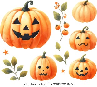 Set of Halloween motifs, soft touch pumpkin lantern watercolor illustration