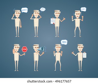 Set of Halloween mummy characters posing in different situations. Cheerful mummy talking on phone, thinking, surprised, angry, holding stop sign, loudspeaker. Flat style vector illustration