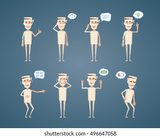 Set of Halloween mummy characters posing in different situations. Cheerful mummy talking on phone, thinking, laughing, crying, pointing up, tired, full of energy. Flat style vector illustration