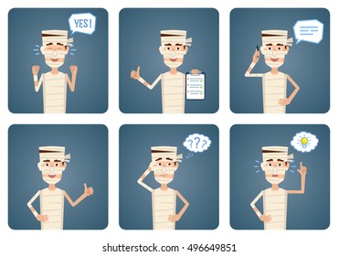 Set of Halloween mummy characters posing in different situations. Cheerful mummy talking on phone, pointing up, thinking, celebrating, holding clipboard. Flat style vector illustration