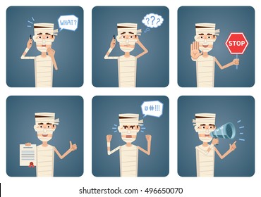 Set of Halloween mummy characters posing in different situations. Cheerful mummy talking on phone, surprised, thinking, angry, holding stop sign, loudspeaker, document. Flat style vector illustration