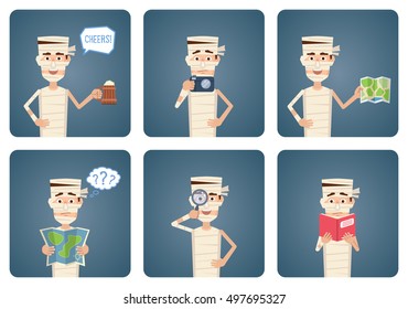 Set of Halloween mummy characters posing in different situations. Cheerful mummy holding mug of beer, photo camera, map, magnifying glass, reading a book. Flat style vector illustration