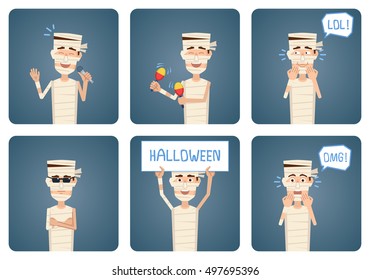 Set of Halloween mummy characters posing in different situations. Cheerful mummy karaoke singing, dancing, laughing, surprised, serious, holding banner. Flat style vector illustration
