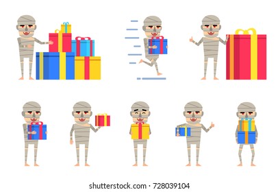 Set of halloween mummy characters posing with different gift boxes. Funny mummy holding present, running and showing other actions. Flat style vector illustration