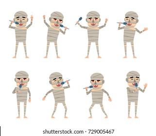 Set of halloween mummy characters posing with microphone in various situations. Funny mummy karaoke singing. Flat style vector illustration