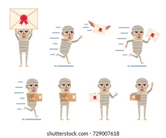 Set of halloween mummy characters posing with letter in various situations. Funny mummy holding letter, parcel box, running and showing other actions. Flat style vector illustration