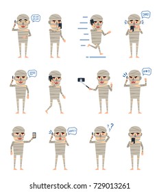 Set of halloween mummy characters posing with phone in various situations. Funny mummy talking on phone, walking, surprised, angry and showing other actions. Flat style vector illustration