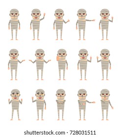 Set of halloween mummy characters showing different hand gestures. Funny mummy pointing, greeting, showing stop hand and other gestures. Flat style vector illustration