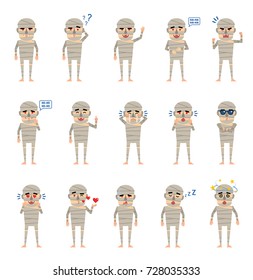 Set of halloween mummy characters showing different emotions. Funny mummy laughing, surprised, angry, crying and showing other expressions. Flat style vector illustration