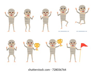 Set of halloween mummy characters showing different success poses. Funny mummy celebrating, jumping holding golden cup and showing other actions. Flat style vector illustration