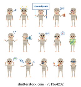 Set of halloween mummy characters showing various actions. Funny mummy holding signboard, map, loudspeaker, singing, sleeping and showing other actions. Flat style vector illustration