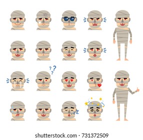 Set of halloween mummy emoticons showing various facial expressions. Happy, sad, angry, dazed, in love, tired, thinking and showing other emotions. Flat style vector illustration