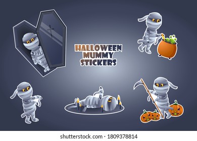 Set of halloween mummy stickers for the design of postcards, packaging, web. Happy halloween night.