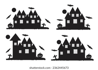 set of Halloween Mystical Spooky scary house vector silhouette, Halloween haunted mansion house silhouette, Horror Castle haunted building silhouette vector, monsters houses Cartoon illustration

