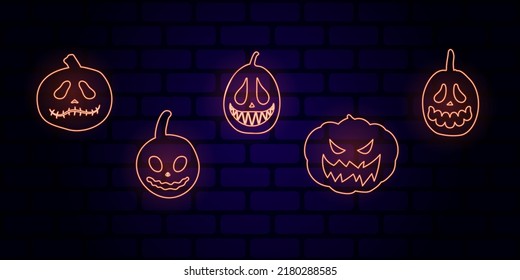 Set of Halloween neon pumpkins with scary smiling faces. Vector illustration for design poster, banner, print.