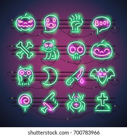 Set of Halloween neon signs makes it quick and easy to customize your holiday projects. Used neon vector brushes included.