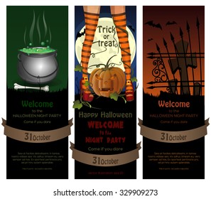 Set of Halloween night backgrounds with full moon, cemetery, magic cauldron  and sexy witch legs in striped stockings on a background of jack-o'-lantern. Vector illustration.