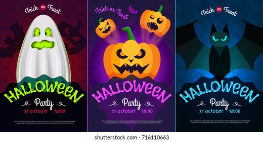 Set of Halloween night party flyers. Posters for your Party. Vector illustration.