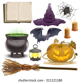 Set Halloween objects accessories. Pumpkin ,lantern, hat, broom, cauldron, spider, bat and old book. Isolated illustration in vector format