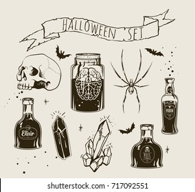 Set of Halloween objects and animals. Hand drawn holiday symbols. Isolated vector illustration.